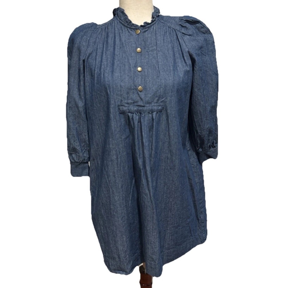 Pomander Place Chambray Claiborne Dress Denim Shift Ruffle‎ Mock Neck Women's XS
